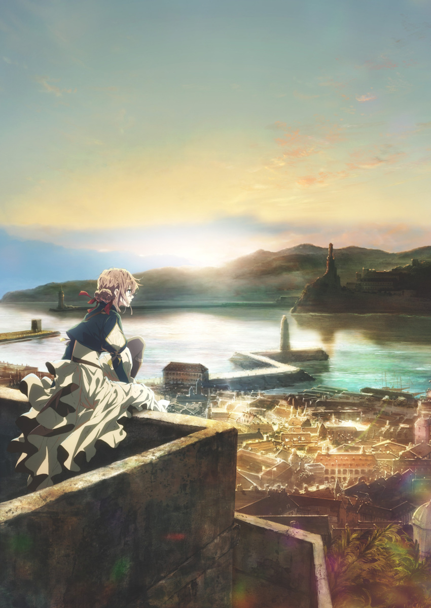 1girl absurdres ahoge artist_request blue_sky braid brown_hair city from_behind hair_ribbon harbor highres key_visual landscape long_skirt looking_afar looking_away ocean official_art palm_tree red_ribbon reflection ribbon scenery ship shore short_hair sitting skirt sky solo sunrise tree violet_evergarden violet_evergarden_(character) watercraft white_skirt