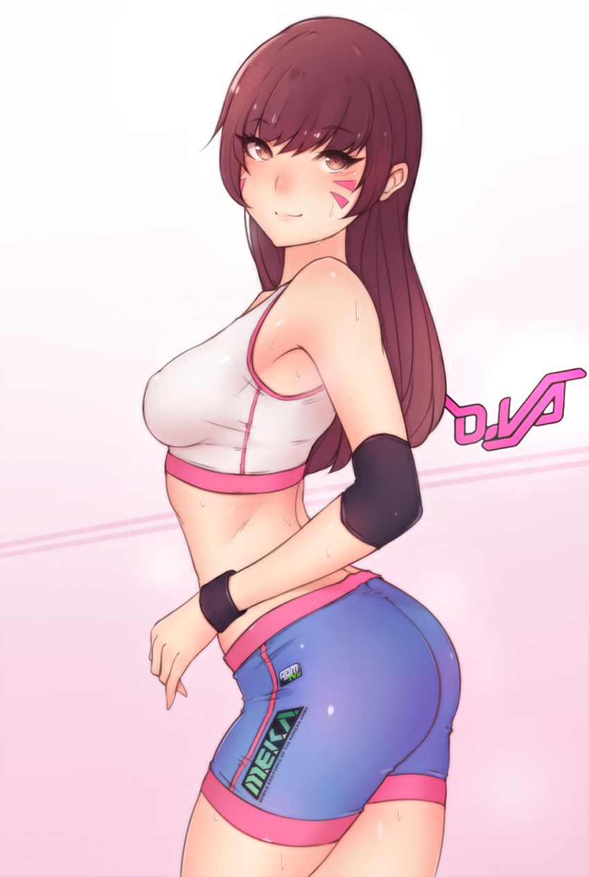 1girl ass bike_shorts blush breasts brown_eyes brown_hair character_name contrapposto cowboy_shot d.va_(overwatch) elbow_pads eyebrows_visible_through_hair facial_mark from_behind gradient gradient_background highres kubo_(artist) long_hair looking_back medium_breasts midriff overwatch simple_background smile solo sports_bra sweat wristband