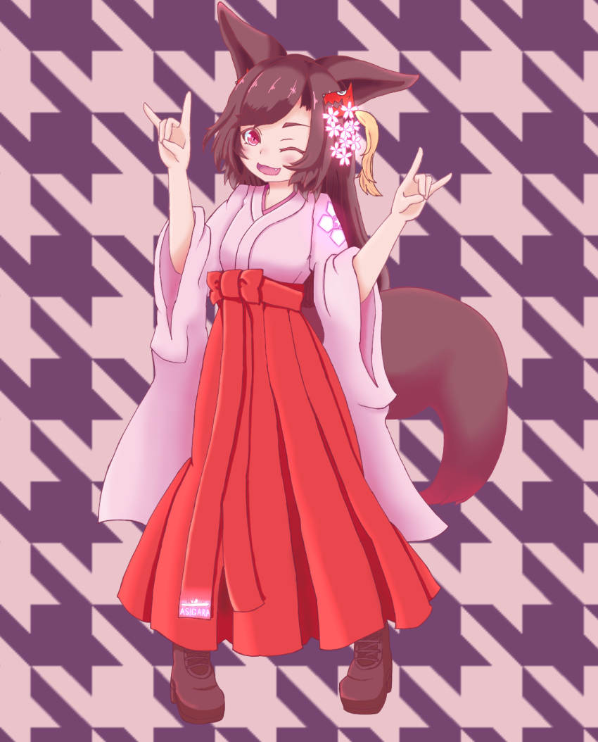 1girl :3 ;d alternate_costume animal_ears bangs breasts brown_hair fang flower fox_shadow_puppet full_body hair_flower hair_ornament hakama highres houndstooth imaizumi_kagerou japanese_clothes long_hair looking_at_viewer one_eye_closed open_mouth pleated_skirt red_eyes skirt smile solo standing swept_bangs tail tassel touhou wide_sleeves wolf_ears wolf_tail