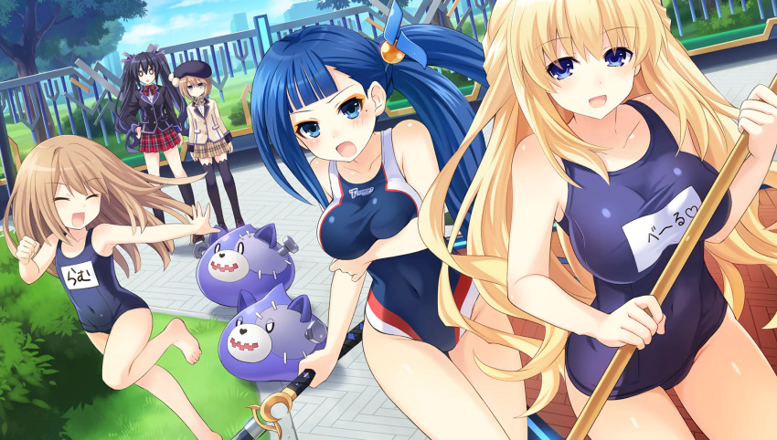 5girls :d barefoot beret black_hair black_legwear blanc blazer blonde_hair blue_eyes blush bow bowtie breasts brown_hair bush clenched_hand closed_eyes collarbone competition_swimsuit covered_navel dogoo dutch_angle feet fence game_cg gekijigen__blanc_+_neptune_vs_zombie_gundan hands_on_hips hat heart highres holding jacket kneehighs large_breasts long_hair long_sleeves mole mole_under_eye multiple_girls neptune_(series) noire o_o official_art one-piece_swimsuit open_mouth outdoors outstretched_arm plaid plaid_skirt pleated_skirt ram_(choujigen_game_neptune) school_swimsuit school_uniform siblings side_ponytail sisters skirt smile standing standing_on_one_leg swimsuit tamsoft_(choujigen_game_neptune) thigh-highs thigh_gap tree tsunako twintails vert very_long_hair zettai_ryouiki