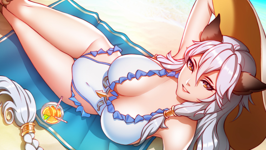 1girl :d absurdres animal_ears arm_support arm_up bare_legs bare_shoulders beach_towel braid breasts casual_one-piece_swimsuit cleavage covered_navel cup day drinking_glass drinking_straw eyelashes food from_above fruit gradient_hair granblue_fantasy grin groin hair_between_eyes hand_on_headwear hat heles highres large_breasts legs_together long_hair looking_at_viewer looking_up lying multicolored_hair on_back one-piece_swimsuit open_mouth orange orange_slice outdoors parted_lips patreon_reward pink_hair pink_lady_mage silver_hair single_braid skin_tight smile solo straw_hat swimsuit thigh_gap thighs towel tsurime very_long_hair white_swimsuit