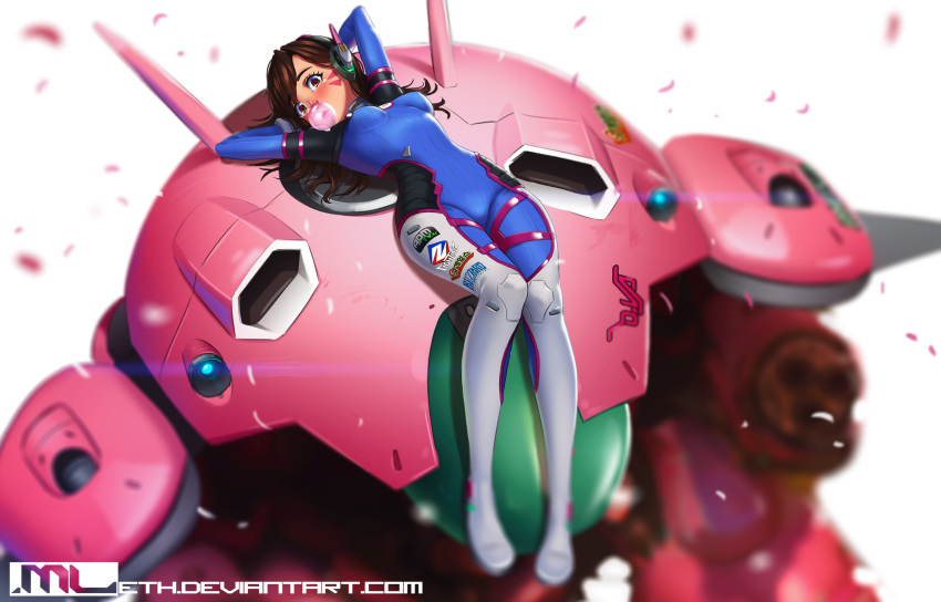 1girl artist_logo artist_name blue_bodysuit blush bodysuit breasts brown_hair bubble_blowing character_name chewing_gum commentary crossed_arms d.va_(overwatch) deviantart_username facepaint facial_mark head_rest headset highres knees_together_feet_apart long_hair looking_at_viewer lying mathias_leth mecha medium_breasts meka_(overwatch) on_back overwatch petals pilot_suit revision simple_background solo watermark web_address whisker_markings white_background