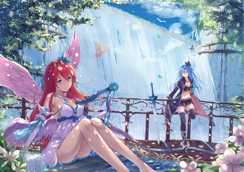 2girls angel angel_wings barefoot belt black_legwear black_shorts blue_eyes blue_hair boots bow braid breasts buckle butterfly caustics clouds coat crown_braid dappled_sunlight day dress elbow_gloves eyebrows_visible_through_hair flower fuuro_(johnsonwade) gloves groin hair_between_eyes hair_bow hair_ornament hair_ribbon harp holding_instrument instrument jewelry leaf leg_up legs long_hair long_sleeves looking_at_viewer looking_away looking_to_the_side midriff multiple_girls navel necklace one_side_up original outdoors pendant railing red_eyes redhead ribbon scenery short_shorts shorts sitting soaking_feet stomach strapless strapless_dress sunlight sword thigh-highs tree tress_ribbon water waterfall weapon wings