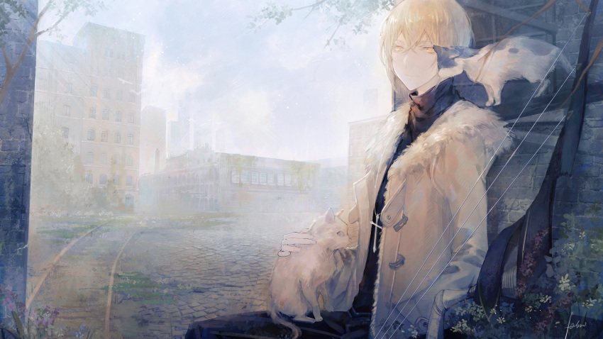 1boy absurdres blonde_hair brick_wall building cat cat_on_lap character_request city coat cross cross_necklace fabri flower forever_7th_capital hand_in_pocket highres jewelry light_smile looking_at_viewer necklace petting railroad_tracks signature sitting yellow_eyes