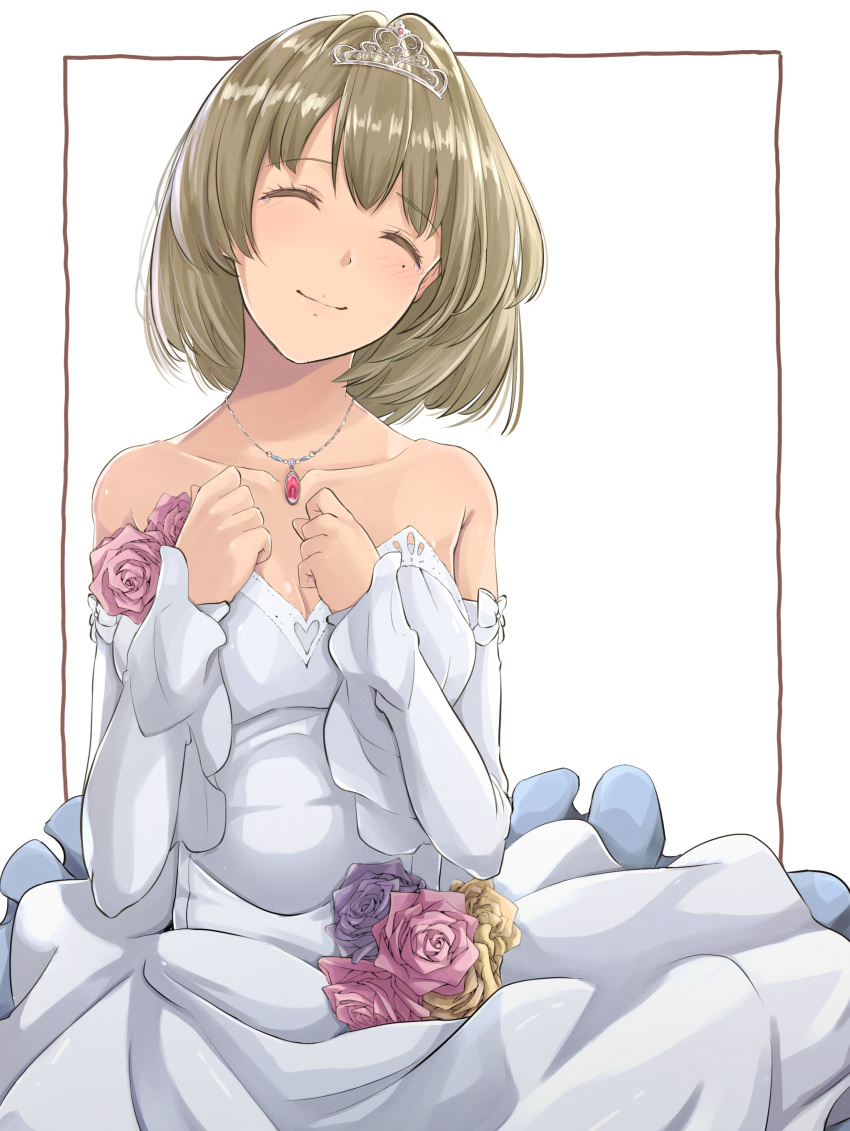 1girl absurdres alternate_costume bare_shoulders brown_hair clenched_hands closed_eyes collarbone commentary_request dress elbow_gloves gloves highres idolmaster idolmaster_cinderella_girls jewelry migimaki_(migi_mawashi) mole mole_under_eye necklace short_hair smile solo takagaki_kaede tiara wedding wedding_dress white_dress white_gloves