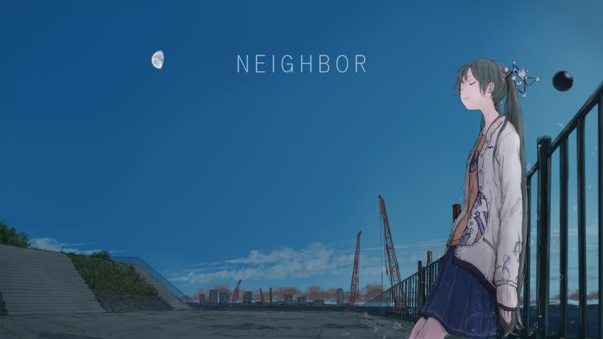 1girl alternate_costume bangs blue_skirt blue_sky building bush buttons casual city cityscape closed_eyes closed_mouth clouds construction crane cube evening grass green_hair hair_ornament half_moon hatsune_miku highres jacket jewelry leaning_back leaning_on_rail light_smile long_hair medium_skirt moon necklace ocean orange_shirt orb outdoors plant pleated_skirt pocket prism railing shirt skirt sky sleeves_past_wrists smog solo stairs stone_floor t-shirt triangle twintails very_long_hair vocaloid white_jacket yushika