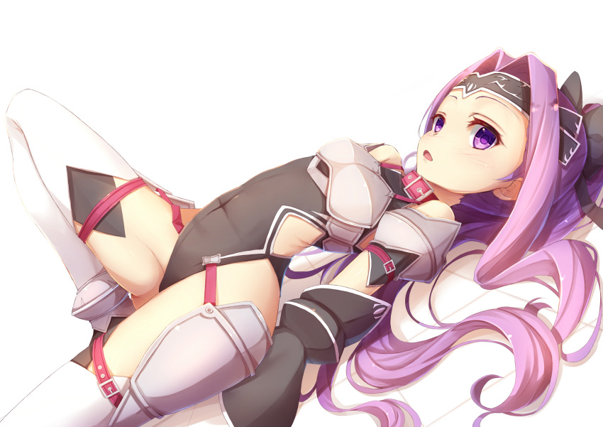 1girl armor black_leotard blush bow breastplate collar covered_navel detached_sleeves fate/grand_order fate_(series) hair_bow hair_intakes headband highres leg_up leotard long_hair lying medusa_(lancer)_(fate) on_back open_mouth ponytail purple_hair ribbon rider solo tatapopo thigh-highs violet_eyes white_legwear