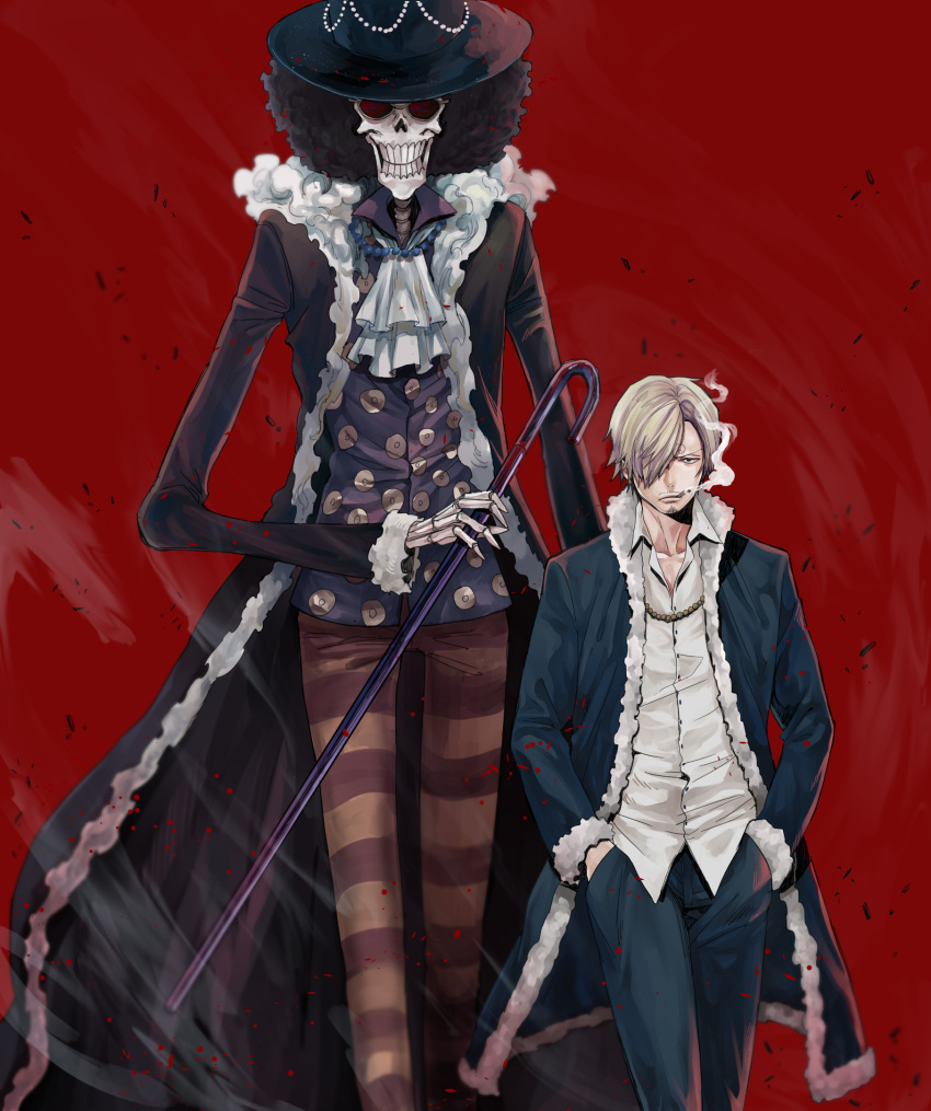 &gt;:( 2boys afro black_hair blonde_hair brook cane cigarette coat collarbone collared_shirt cowboy_shot facial_hair formal fur_trim hair_over_one_eye hands_in_pockets hat height_difference highres holding long_sleeves looking_at_viewer male_focus multiple_boys one_piece open_clothes open_coat pants red_background sanji shirt short_hair simple_background skeleton skull smoke smoking striped striped_pants sunglasses walking wind wing_collar yuu_(1969loy)