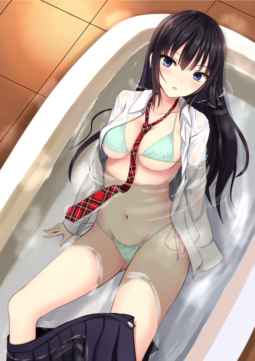 1girl :o aqua_bikini bangs bathing between_breasts bikini bikini_under_clothes black_hair black_skirt blunt_bangs blush breasts cleavage collarbone collared_shirt commentary_request hands_in_sleeves highres indoors kurokami_(kurokaminohito) long_hair long_sleeves looking_at_viewer looking_up lying medium_breasts navel necktie necktie_between_breasts on_back open_clothes open_shirt open_skirt original parted_lips partially_submerged plaid plaid_necktie pleated_skirt red_necktie see-through shirt side-tie_bikini skirt skirt_pull solo stomach string_bikini swimsuit tile_floor tiles under_boob violet_eyes water wet wet_clothes wet_shirt white_shirt wing_collar