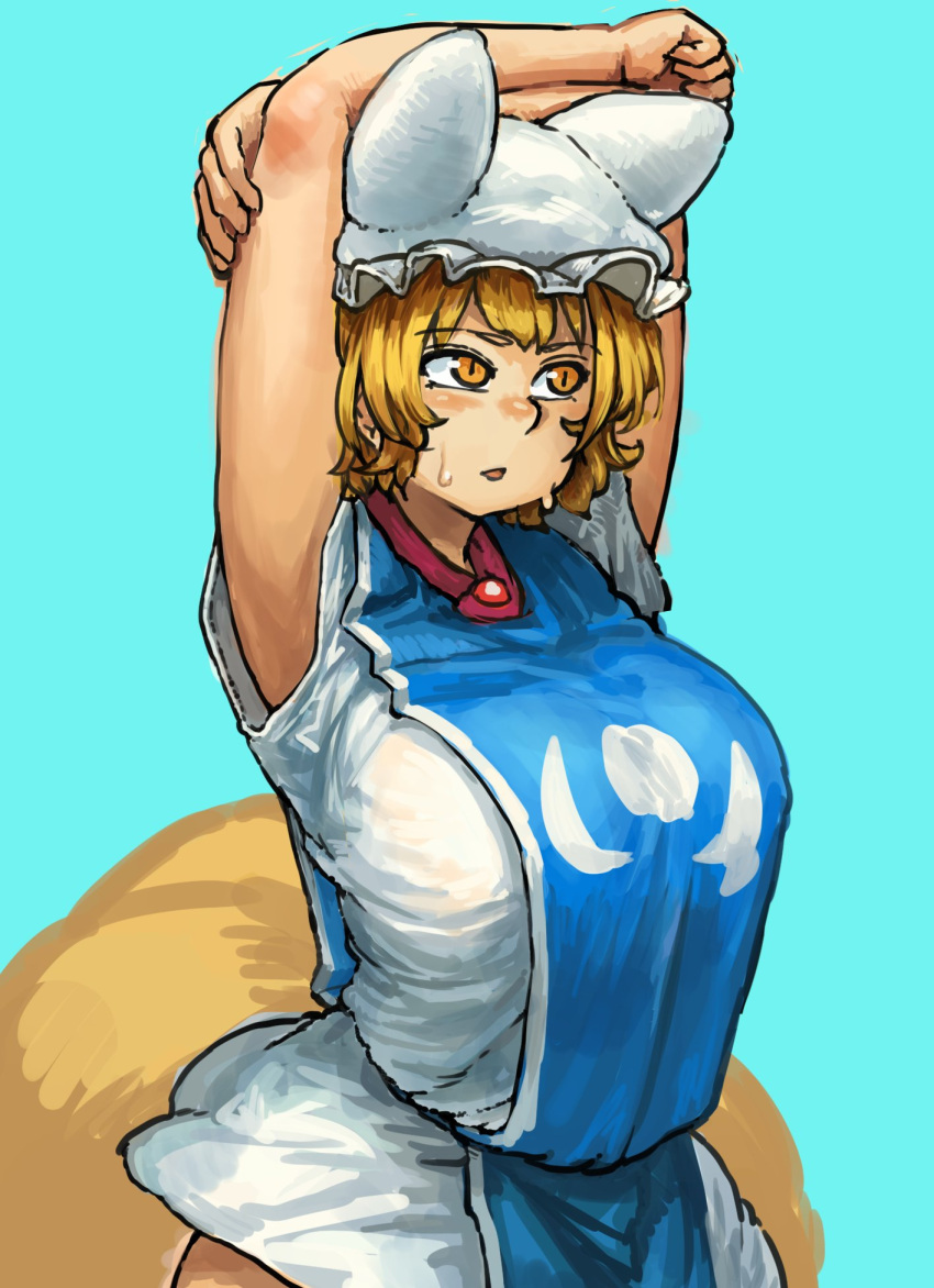 1girl adapted_costume arm_over_head arms_up bangs blonde_hair blush breasts chanta_(ayatakaoisii) fox_tail hat highres large_breasts looking_afar miniskirt multiple_tails open_mouth pillow_hat shirt short_hair short_sleeves simple_background skirt solo stretch sweatdrop tabard tail teal_background touhou white_hat white_shirt white_skirt yakumo_ran