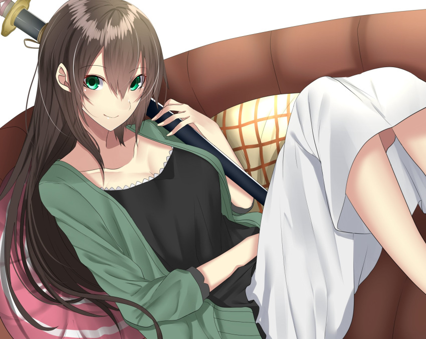 1girl bangs black_shirt breasts brown_hair casual closed_mouth collarbone couch eyebrows_visible_through_hair green_eyes green_jacket hair_between_eyes highres holding holding_sword holding_weapon idolmaster idolmaster_cinderella_girls jacket katana knees_up long_hair long_sleeves medium_breasts on_couch onineko-chan open_clothes open_jacket scabbard sheath sheathed shibuya_rin shirt sitting skirt sleeves_past_elbows smile solo sword weapon white_skirt
