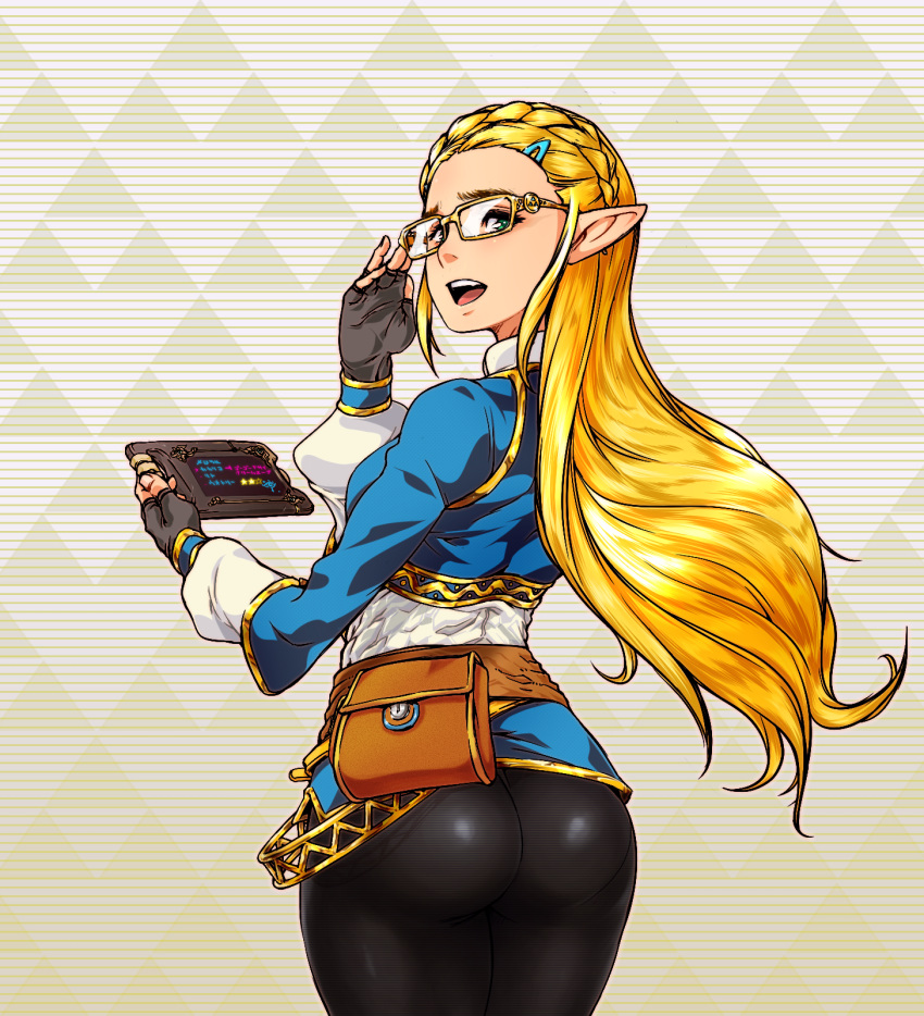 1girl ass blonde_hair eyebrows fingerless_gloves glasses gloves green_eyes hair_ornament hairclip highres hips long_hair looking_at_viewer looking_back open_mouth pointy_ears princess_zelda sheikah_slate solo the_legend_of_zelda the_legend_of_zelda:_breath_of_the_wild thighs wide_hips yakibuta_(shimapow) yellow-framed_eyewear