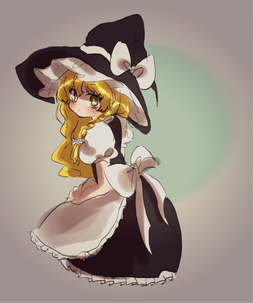 1girl apron blonde_hair blush braid commentary expressionless fukufukupine hat highres kirisame_marisa looking_at_viewer looking_back no_nose puffy_short_sleeves puffy_sleeves sash short_sleeves single_braid skirt skirt_set solo touhou vest waist_apron wavy_hair witch_hat yellow_eyes