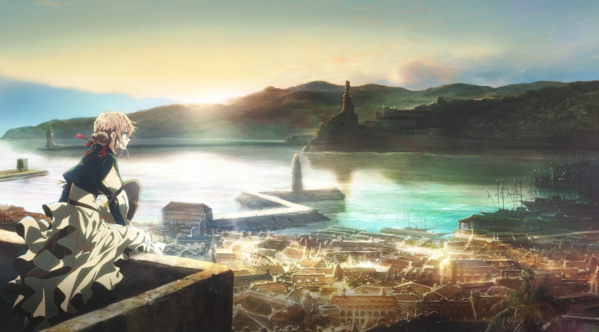 1girl ahoge artist_request blue_sky braid brown_hair city from_behind hair_ribbon harbor highres key_visual landscape long_skirt looking_away ocean official_art palm_tree red_ribbon reflection ribbon scenery ship shore sitting skirt sky solo sunrise tree violet_evergarden violet_evergarden_(character) watercraft white_skirt
