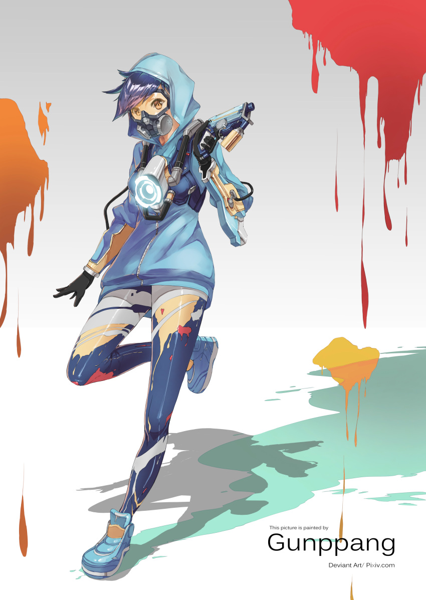 1girl absurdres alternate_costume alternate_hair_color arm_at_side artist_name bangs black_gloves blue_gloves blue_hoodie blue_jacket blue_shoes brown_eyes can commentary_request covered_mouth deviantart_username eyebrows_visible_through_hair finger_on_trigger full_body gas_mask gloves goggles graffiti graffiti_tracer gun gunppang hand_up handgun harness highres holding holding_can holding_gun holding_weapon hood hood_up hooded_jacket jacket leg_up looking_at_viewer multicolored multicolored_clothes multicolored_legwear one_leg_raised overwatch paint_can pistol purple_hair shoes short_hair solo spiky_hair spray_can standing standing_on_one_leg swept_bangs tracer_(overwatch) upper_body vambraces weapon window zipper