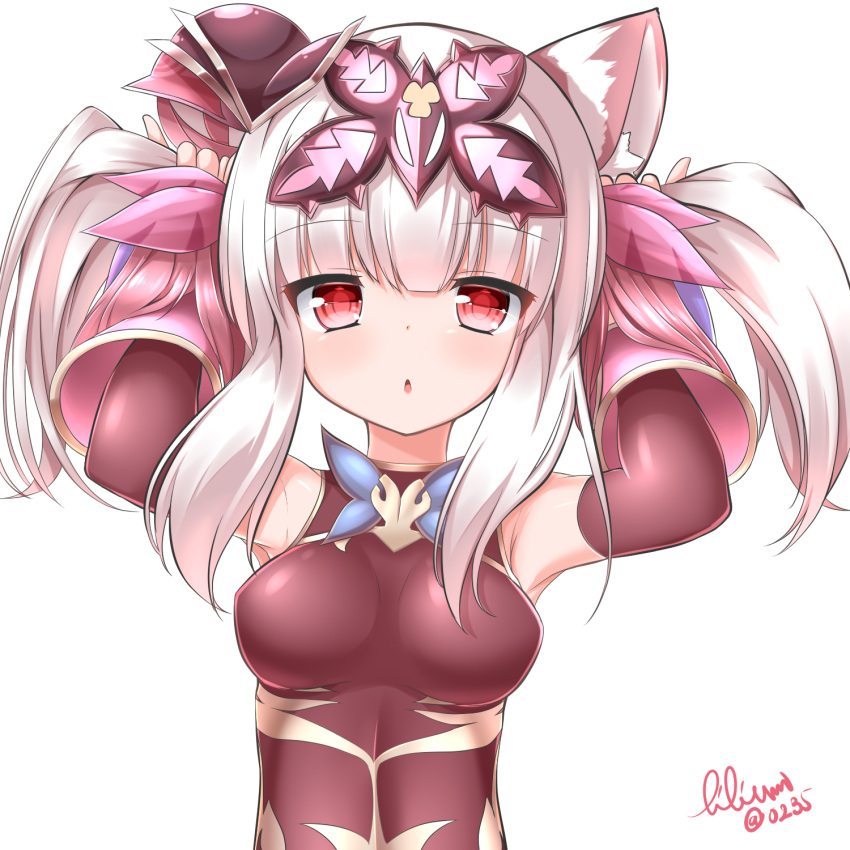 1girl alternate_hairstyle animal_ears armpits arms_up bunching_hair chestnut_mouth chinese_clothes elbow_gloves gloves hair_ornament haku_(p&amp;d) highres leotard lilium0235 looking_at_viewer multicolored_hair open_mouth purple_hair puzzle_&amp;_dragons red_eyes signature solo tiger_ears twintails two-tone_hair white_hair