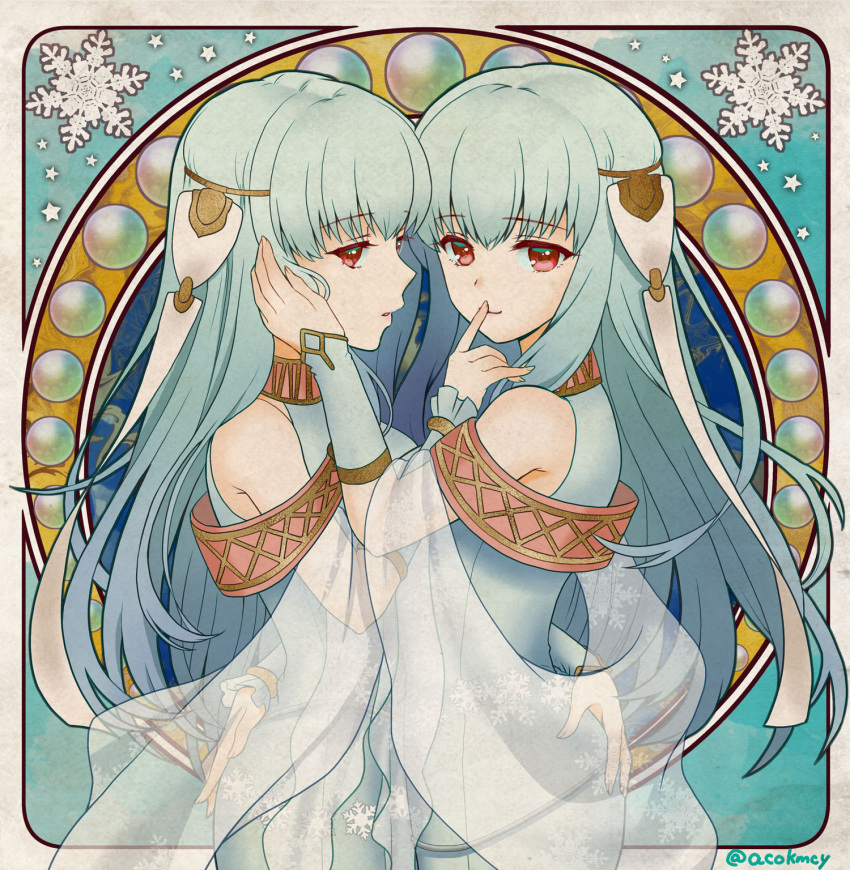 2girls aqua_hair arm_around_waist artist_name ass_grab bare_shoulders clone closed_mouth detached_sleeves dress dual_persona female finger_to_another's_mouth fingerless_gloves fire_emblem fire_emblem:_rekka_no_ken fire_emblem_heroes gloves hair_ornament hand_on_another's_cheek hand_on_another's_face highres hug kumehara_chiyota long_hair looking_at_viewer multiple_girls mutual_yuri ninian nintendo orb parted_lips profile red_eyes sash see-through selfcest sleeveless sleeveless_dress smile snowflakes standing twitter_username upper_body yuri