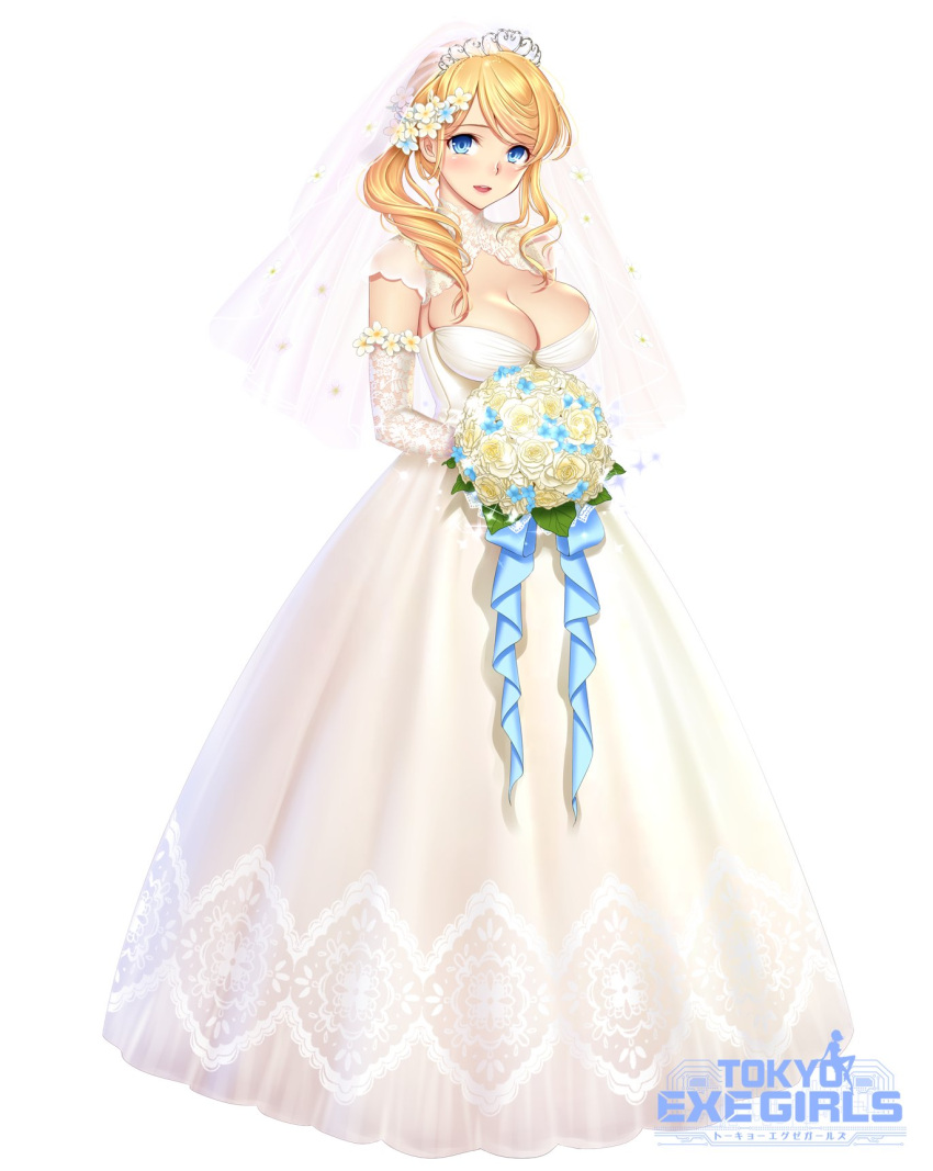 1girl bangs blonde_hair blue_eyes blush bouquet breasts bridal_veil cleavage commentary_request dress elbow_gloves eyebrows_visible_through_hair flower gloves hair_flower hair_ornament highres jewelry large_breasts logo looking_at_viewer open_mouth original shimashima08123 simple_background solo tiara tokyo_exe_girls veil wedding_dress white_background white_dress white_gloves