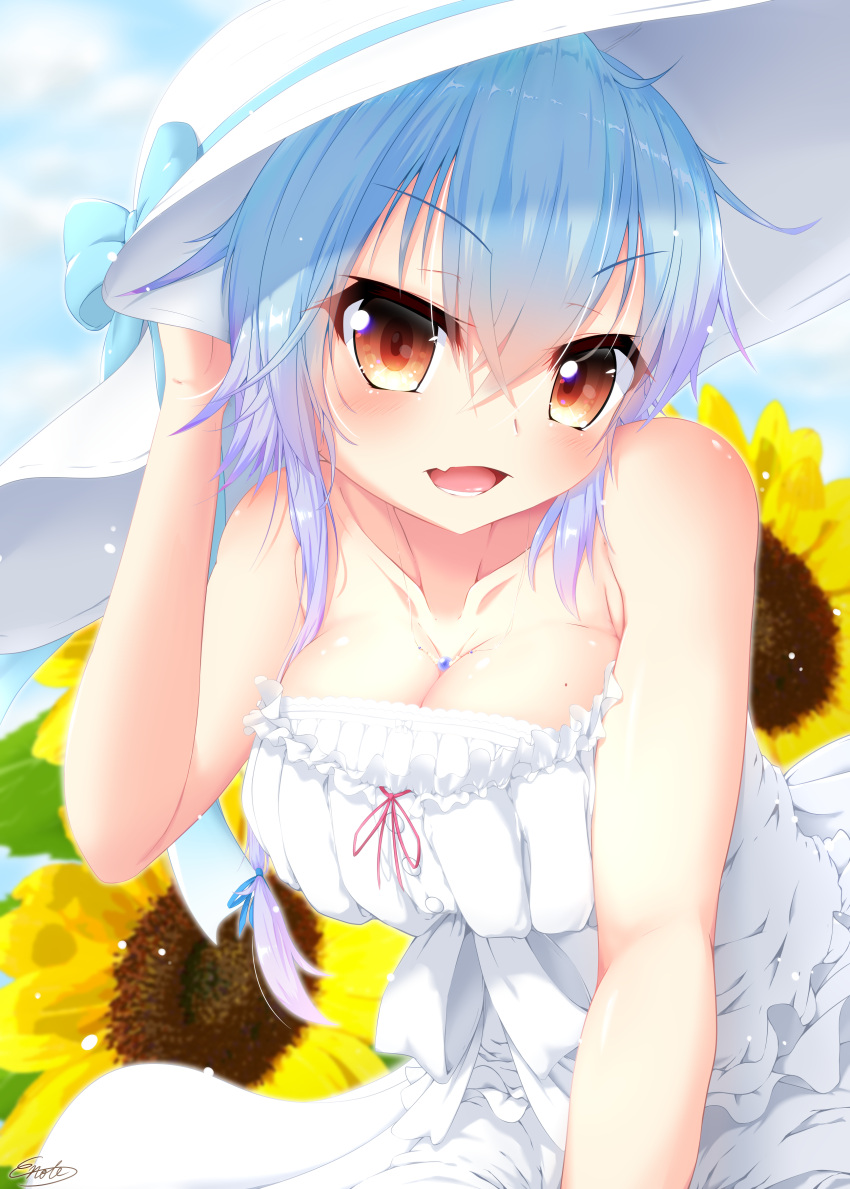 1girl absurdres bare_shoulders blue_hair bow breasts cleavage dress e-note fang flower hair_bow hand_on_headwear hat highres jewelry large_breasts looking_at_viewer mole mole_on_breast necklace open_mouth original red_eyes short_hair solo strapless strapless_dress sun_hat sundress sunflower white_dress