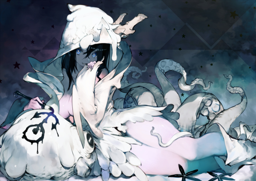 1girl anchor_symbol black_hair blue_eyes breasts brush cleavage crossed_bangs drawing fang hair_between_eyes hand_up holding holding_brush large_breasts legs_together long_hair looking_at_viewer lying octopus on_side original parted_lips smile solo star starry_background teeth thighs toridamono