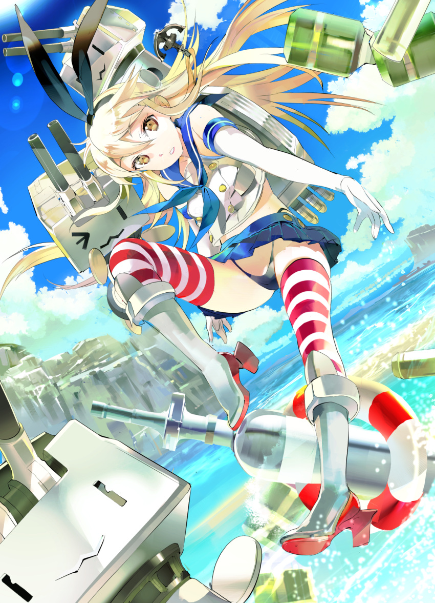 10s 119 1girl black_hairband black_panties black_ribbon blonde_hair blue_skirt boots brown_eyes clouds cloudy_sky day dutch_angle elbow_gloves floating_hair gloves hair_between_eyes hair_ribbon hairband high_heel_boots high_heels highleg highleg_panties highres kantai_collection long_hair looking_at_viewer microskirt ocean outdoors panties parted_lips pleated_skirt rensouhou-chan ribbon shimakaze_(kantai_collection) shirt skirt sky sleeveless sleeveless_shirt solo striped striped_legwear thigh-highs underwear very_long_hair white_gloves white_shirt