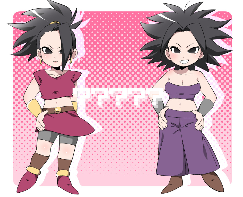 &gt;:) &gt;:| 2girls :| ? arm_at_side armband arms_at_sides bare_shoulders belt big_hair bike_shorts blush body_blush bracer breasts brown_belt brown_legwear brown_shoes caulifla chibi cleavage closed_mouth collarbone crop_top dragon_ball dragon_ball_super earrings empty_eyes eyebrows eyelashes facing_viewer floating_hair fujioka-san full_body grin groin hair_intakes hand_on_hip hands_on_hips high_ponytail highres hoop_earrings jewelry kale_(dragon_ball) legs_apart lips long_hair looking_at_viewer medium_breasts miniskirt multiple_girls navel no_pupils pants polka_dot polka_dot_background purple_pants red_shirt red_skirt shirt shoes short_sleeves shorts_under_skirt silhouette simple_background single_hair_intake skirt smile socks spiky_hair strapless teeth tubetop white_background