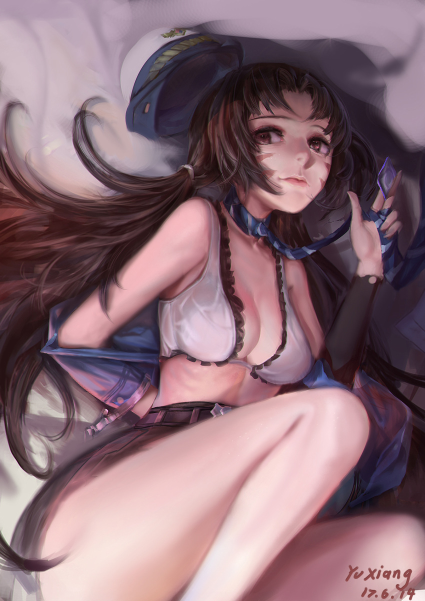 1girl alternate_costume alternate_hairstyle artist_name bangs black_belt black_skirt bra breasts brown_eyes brown_hair cleavage collarbone cowboy_shot d.va_(overwatch) dated facepaint facial_mark female_service_cap frilled_bra frills hat hat_removed headwear_removed highres long_hair long_sleeves looking_at_viewer lying medium_breasts miniskirt necktie officer_d.va on_back overwatch pink_lips rabbit_(tukenitian) signature skirt solo striped striped_necktie swept_bangs twintails underwear undressing unfinished whisker_markings