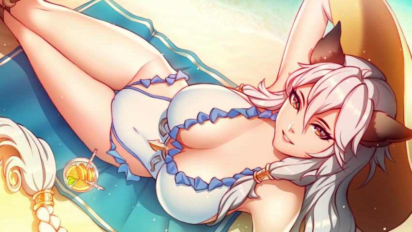 1girl :d absurdres arm_support arm_up bare_legs bare_shoulders beach_towel braid breasts casual_one-piece_swimsuit cleavage covered_navel cup day drinking_glass drinking_straw eyelashes food from_above fruit gradient_hair granblue_fantasy grin groin hair_between_eyes hand_on_headwear hat heles highres large_breasts legs_together light_particles long_hair looking_at_viewer looking_up lying multicolored_hair on_back one-piece_swimsuit open_mouth orange orange_slice outdoors parted_lips patreon_reward pink_hair pink_lady_mage silver_hair single_braid skin_tight smile solo straw_hat swimsuit thigh_gap thighs towel tsurime very_long_hair white_swimsuit