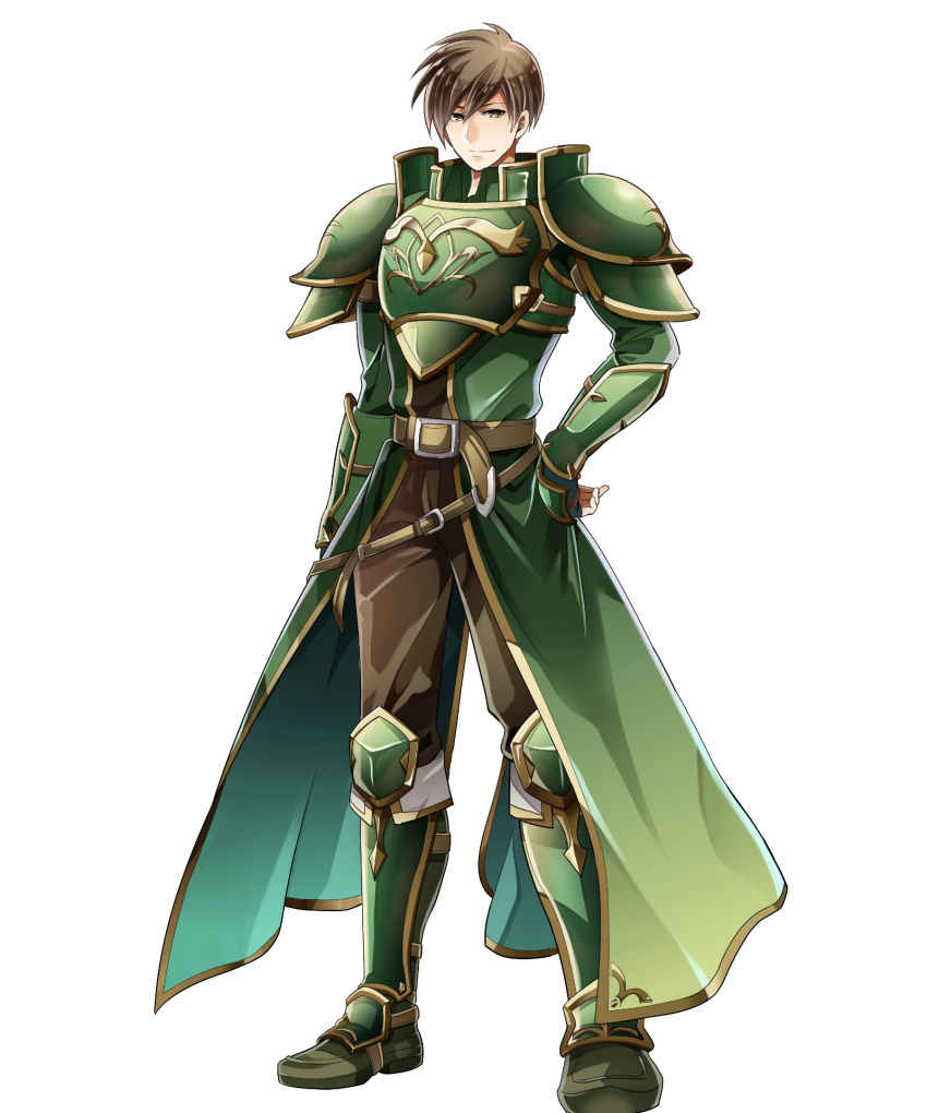 1boy arm_guards armor armored_boots boots brown_eyes brown_hair fingerless_gloves fire_emblem fire_emblem:_mystery_of_the_emblem fire_emblem_heroes full_body gloves hand_on_hip highres holding looking_at_viewer male_focus pauldrons polearm rody_(fire_emblem) scar short_hair smile solo spear torn_clothes transparent_background weapon