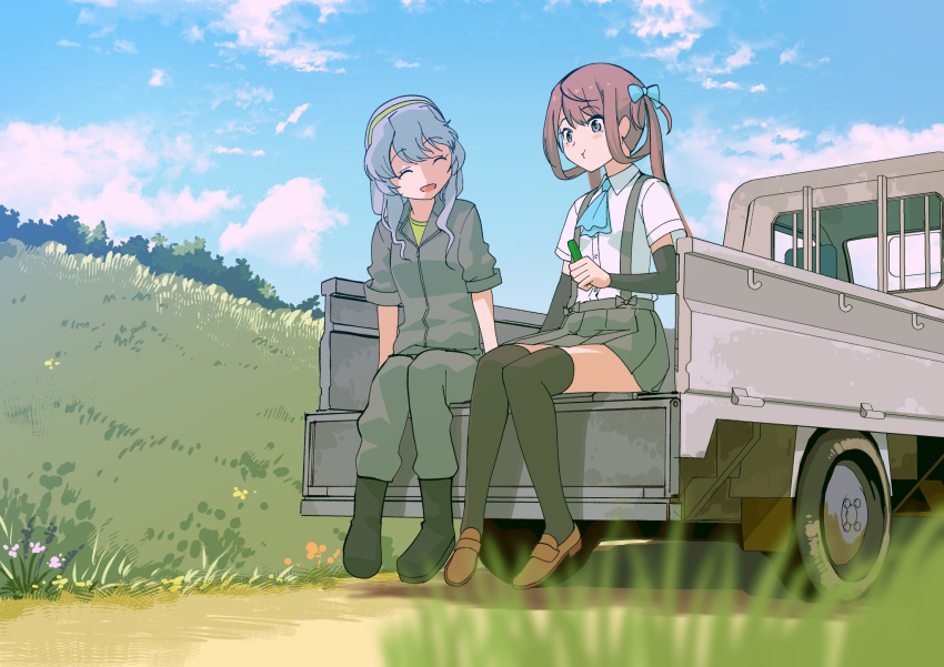 10s 2girls asagumo_(kantai_collection) ascot black_legwear brown_hair closed_eyes clouds cloudy_sky day eating from_below grass green_shirt grey_eyes grey_eyes ground_vehicle hair_ornament hair_ribbon head_tilt highres kantai_collection long_hair looking_down masukuza_j multiple_girls open_mouth outdoors pleated_skirt ribbon school_uniform shirt sidelocks silver_hair sitting skirt sky smile suspenders thigh-highs twintails wavy_hair white_shirt yamagumo_(kantai_collection)