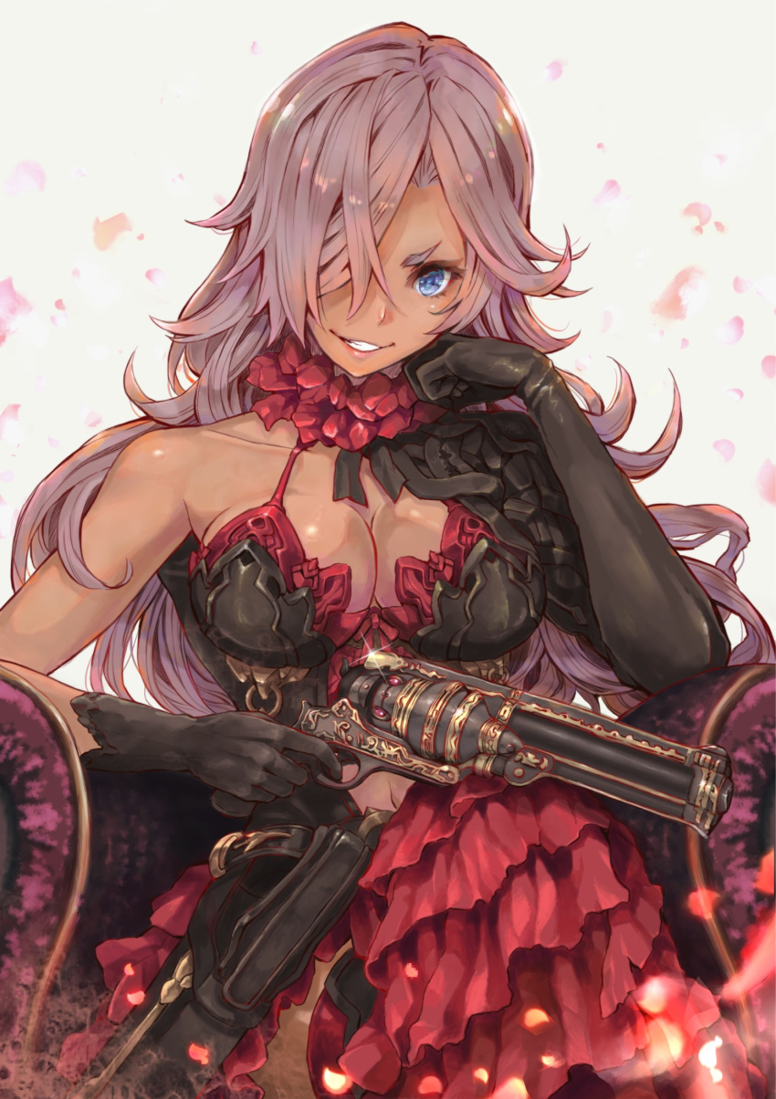 1girl armor armored_dress bangs blue_eyes breasts chair cinderella_(sinoalice) cleavage collarbone dai_(eiji0417) dark_skin detached_collar dress elbow_gloves eyelashes frills gloves gun hair_over_one_eye highres holding holding_gun holding_weapon large_breasts lips long_hair looking_at_viewer navel patterned_clothing petals shiny shiny_skin simple_background sinoalice sitting smile smirk solo weapon