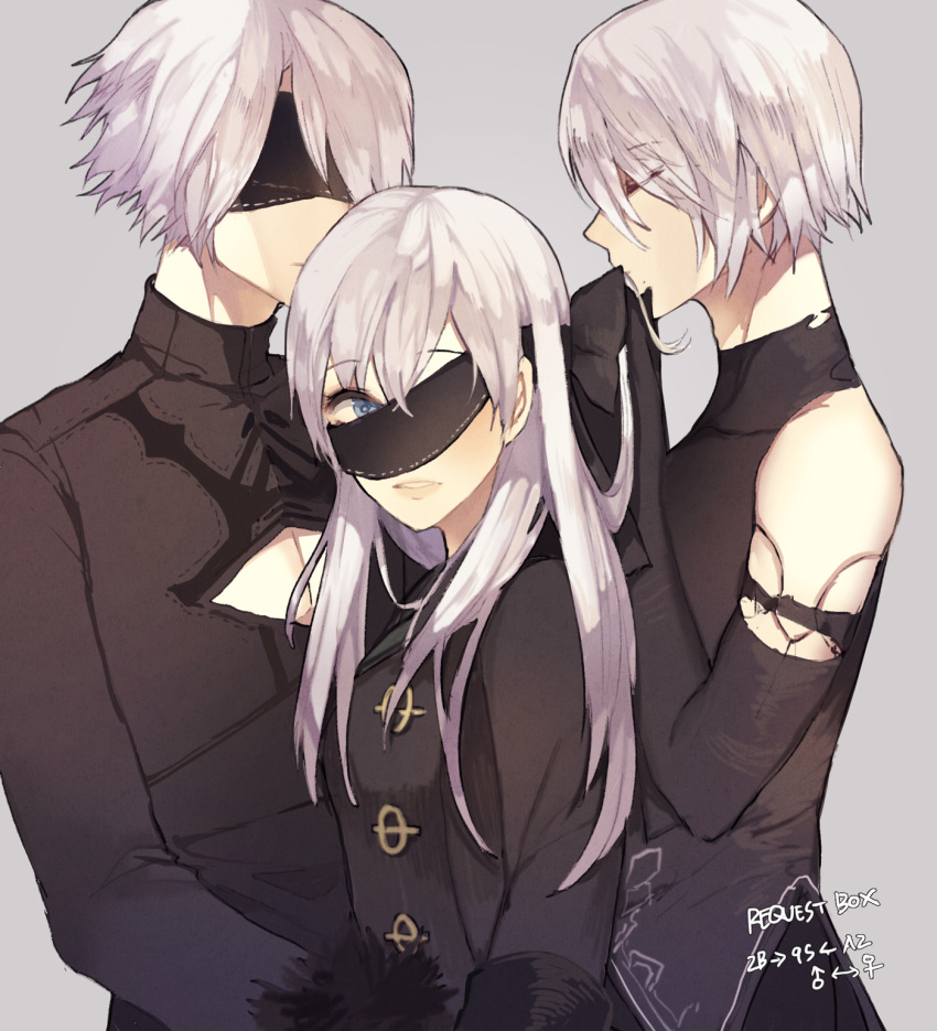 1girl 2boys android black_clothes blindfold blue_eyes cleavage_cutout closed_eyes drag-on_dragoon genderswap genderswap_(ftm) genderswap_(mtf) grey_background highres long_hair long_sleeves looking_at_another multiple_boys nier_(series) nier_automata pullssack short_hair simple_background text white_hair yorha_no._2_type_b yorha_no._9_type_s yorha_type_a_no._2