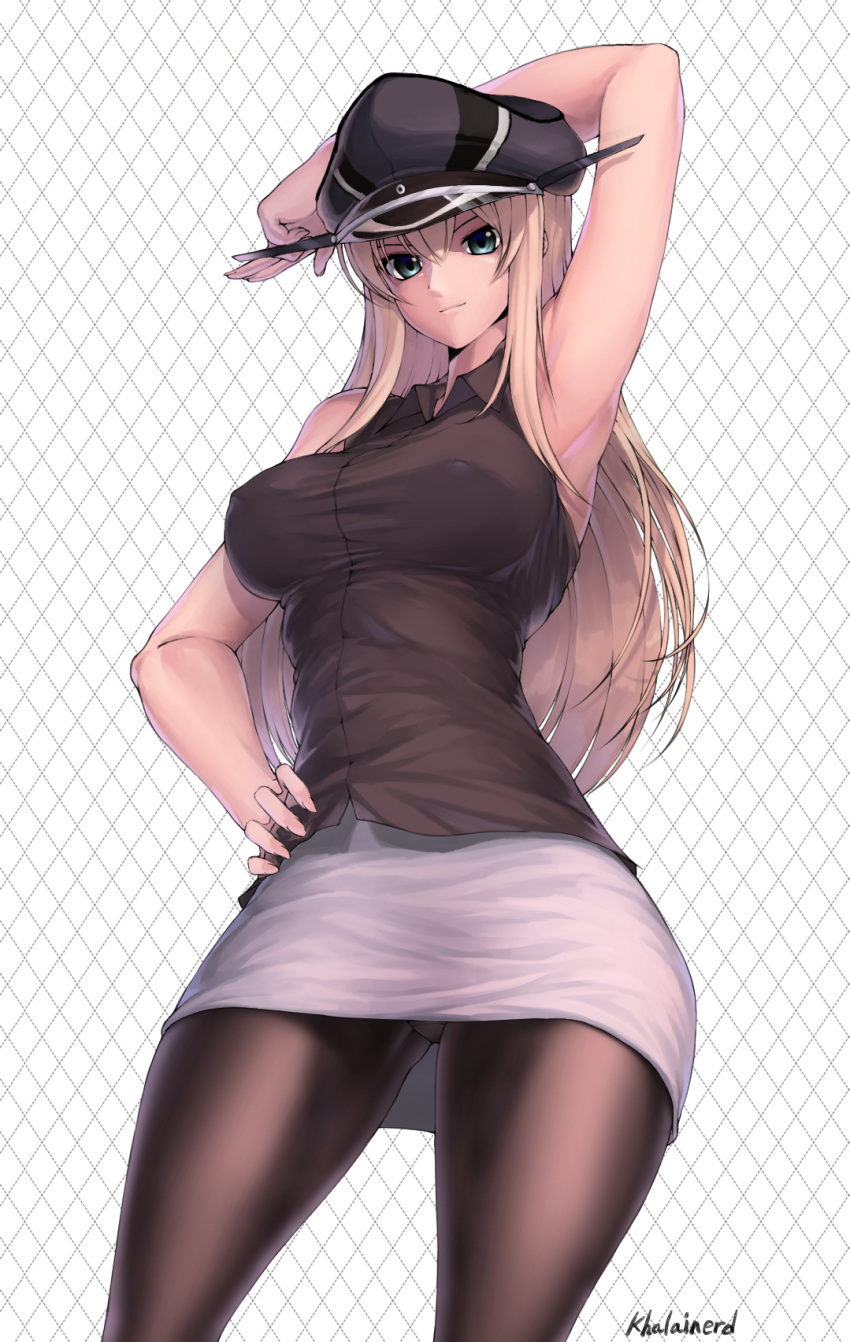 10s 1girl alternate_costume aqua_eyes argyle argyle_background arm arm_over_head arm_up armpits artist_name bare_arms bismarck_(kantai_collection) black_blouse black_hat black_shirt blonde_hair blouse breasts brown_legwear brown_pantyhose closed_mouth collared_shirt erect_nipples female fingernails grey_skirt hand_on_hip hat highres kagi_f kantai_collection large_breasts long_hair looking_at_viewer looking_down neck panties pantyhose pantyshot pantyshot_(standing) peaked_cap pencil_skirt shirt skirt sleeveless sleeveless_shirt smile solo standing underwear white_background