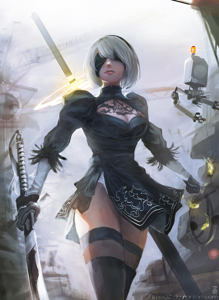 1girl aimedz artist_name black_boots black_dress black_gloves black_legwear boots breasts cleavage cleavage_cutout clenched_hand closed_mouth covered_eyes crane deviantart_username dress facing_viewer gloves grey_sky highres holding holding_sword holding_weapon juliet_sleeves leotard light_smile lips long_sleeves medium_breasts nier_(series) nier_automata puffy_sleeves short_hair solo sword thigh-highs thigh_boots thighhighs_under_boots turtleneck vambraces watermark weapon web_address white_hair white_leotard yorha_no._2_type_b yorha_no._9_type_s