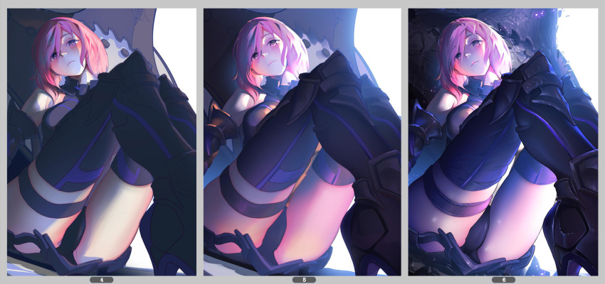1girl armor armored_dress bare_shoulders black_legwear boots eyebrows_visible_through_hair fate/grand_order fate_(series) hair_over_one_eye high_heel_boots high_heels highres looking_at_viewer mash_kyrielight nene_(taiwan) pink_eyes pink_hair short_hair sitting solo thigh-highs thigh_strap work_in_progress