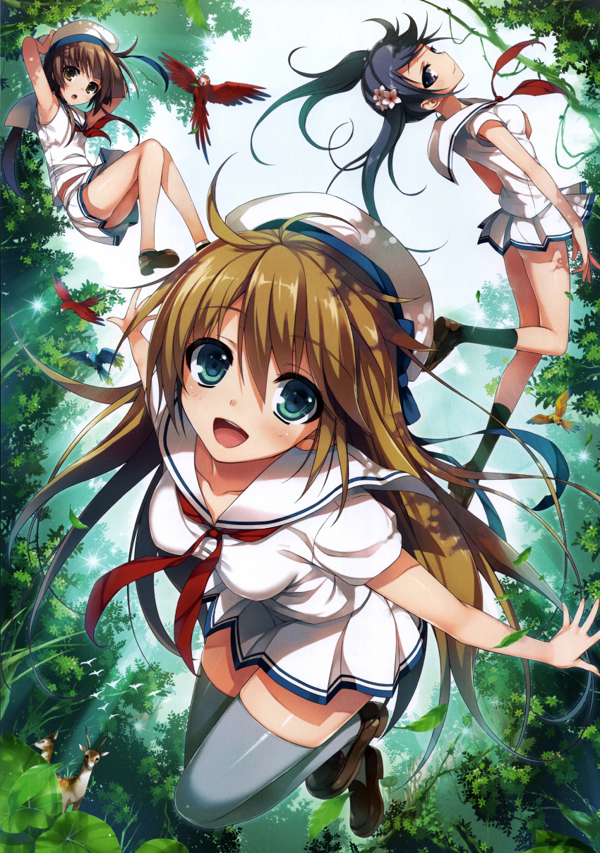 3girls absurdres animal bangs bird black_hair blue_eyes breasts brown_eyes brown_hair collarbone day deer eyebrows_visible_through_hair forest grey_legwear highres huge_filesize long_hair looking_at_viewer medium_breasts multiple_girls nature open_mouth pleated_skirt school_uniform serafuku shoes short_hair short_sleeves skirt tomose_shunsaku twintails violet_eyes