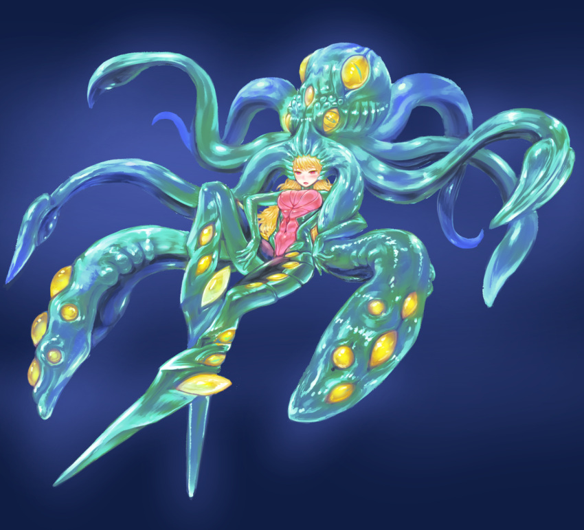 1girl artist_request biosuit blonde_hair blue_background blush bodysuit breasts extra_eyes gills large_breasts living_clothes long_hair octopus original red_eyes slit_pupils tentacle tentacle_clothes