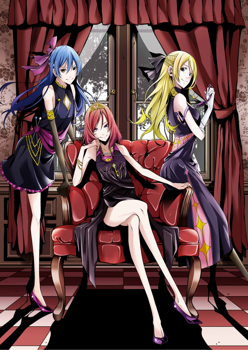 3girls arm_support ayase_eli black_dress black_gloves black_legwear black_ribbon blonde_hair blue_eyes blue_hair bracelet breasts brown_eyes checkered checkered_floor chin_rest cleavage collarbone diadem dress elbow_gloves frilled_dress frills full_body gloves hair_ornament hair_ribbon highres holding indoors jewelry leaning_forward legs_crossed long_hair looking_at_viewer love_live! love_live!_school_idol_project multiple_girls nishikino_maki purple_ribbon redhead ribbon shadow short_dress sitting small_breasts smile soldier_game sonoda_umi standing very_long_hair vice_(kuronekohadokoheiku) violet_eyes white_gloves window