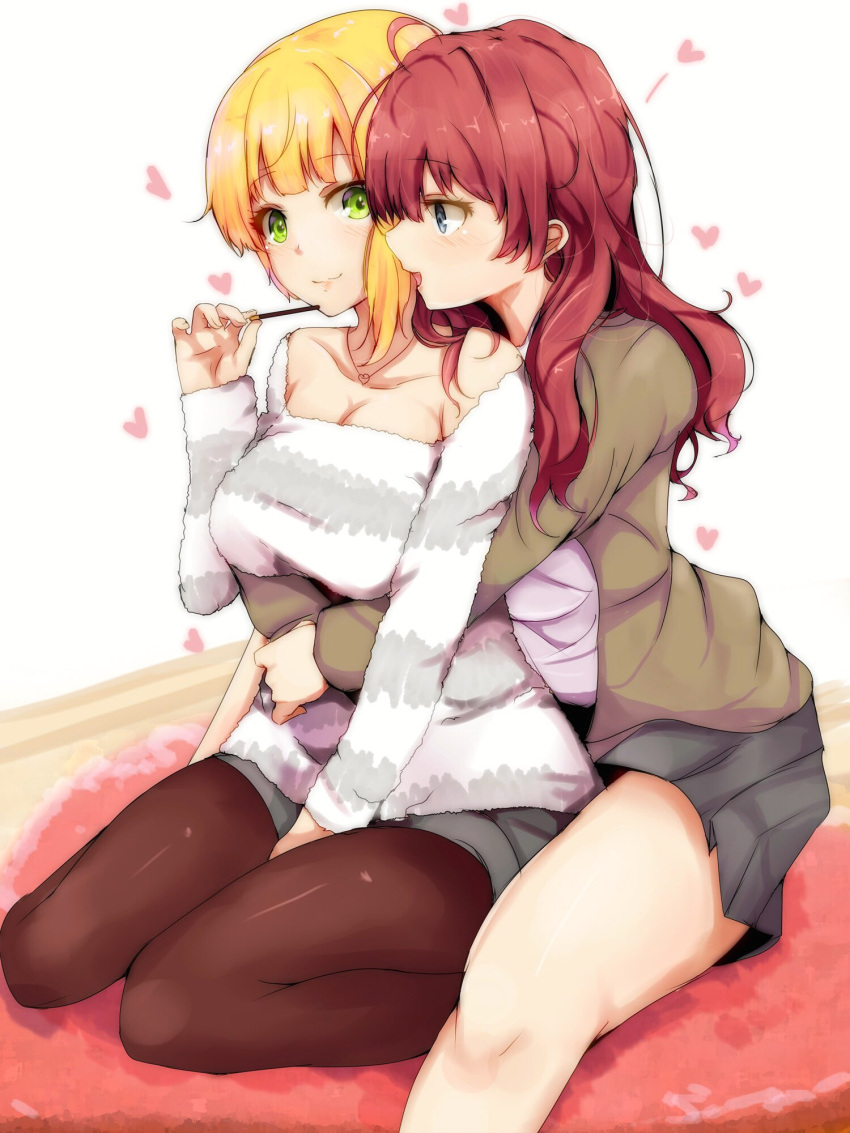 2girls :3 :d ahoge asymmetrical_hair bangs bare_legs blonde_hair blue_eyes blush breast_hold breasts brown_legwear brown_pantyhose cardigan cleavage closed_mouth collarbone commentary_request couple eye_contact female food green_eyes grey_shorts grey_skirt happy heart highres hug hug_from_behind ichinose_shiki idolmaster idolmaster_cinderella_girls jewelry large_breasts legs long_hair looking_at_another looking_to_the_side miyamoto_frederica multiple_girls neck necklace open_cardigan open_clothes open_mouth pantyhose pleated_skirt pocky redhead ryuu. seiza short_hair shorts simple_background sitting skirt smile striped striped_sweater sweater thighs wavy_hair white_background yuri