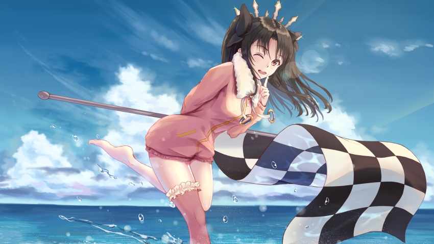 1girl augu_(523764197) barefoot black_bow black_hair blush bow checkered checkered_flag closed_eyes eyebrows_visible_through_hair fate/grand_order fate_(series) feet flag hair_bow highres holding_flag index_finger_raised ishtar_(fate/grand_order) ishtar_(swimsuit_rider)_(fate) long_hair looking_at_viewer one_eye_closed parted_lips red_eyes smile solo toes tohsaka_rin twintails