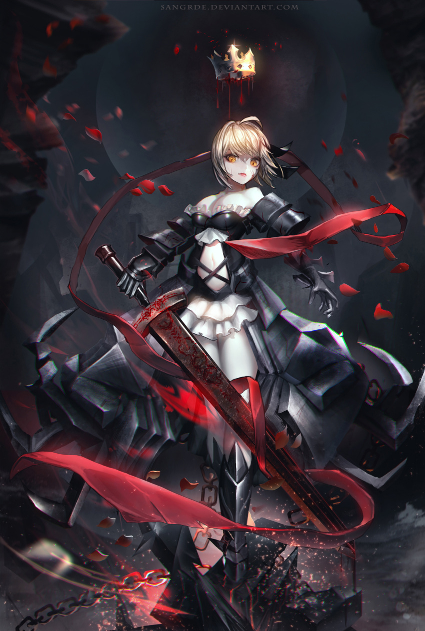 armor armored_boots armored_dress barefoot blonde_hair boots crown fate/grand_order fate_(series) frills gauntlets highres lips looking_at_viewer navel pale_skin pauldrons saber saber_alter sangrde weapon wind yellow_eyes