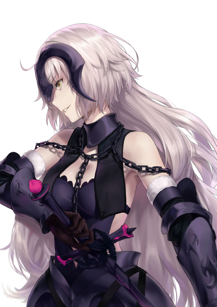 1girl absurdres ahoge armor bangs breasts chains eyebrows_visible_through_hair fate/grand_order fate_(series) faulds from_side fur_trim grey_hair headpiece highres holding holding_sword holding_weapon jeanne_alter large_breasts leon_v long_hair parted_lips profile ruler_(fate/apocrypha) solo sword upper_body vambraces very_long_hair wavy_hair weapon yellow_eyes