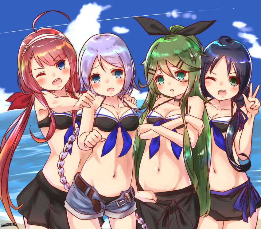 10s 4girls adapted_costume bikini black_bikini black_hair blue_hair braid facing_viewer green_eyes green_hair highres kantai_collection kawakaze_(kantai_collection) long_hair low_twintails momiji_(103) multiple_girls one_eye_closed ponytail red_eyes redhead sarong shorts silver_hair suzukaze_(kantai_collection) swimsuit twintails umikaze_(kantai_collection) yamakaze_(kantai_collection)