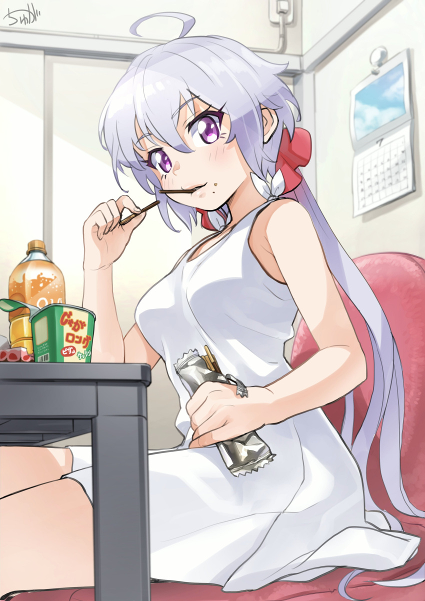 1girl absurdres ahoge blush breasts calendar candy commentary_request crumbs dress drink eating eyebrows_visible_through_hair food hair_ornament hair_scrunchie highres holding indoors lips long_hair looking_at_viewer medium_breasts mouth_hold noodles pocky ramen scrunchie senki_zesshou_symphogear silver_hair sitting sleeveless sleeveless_dress solo table twintails tyuga violet_eyes white_dress yukine_chris