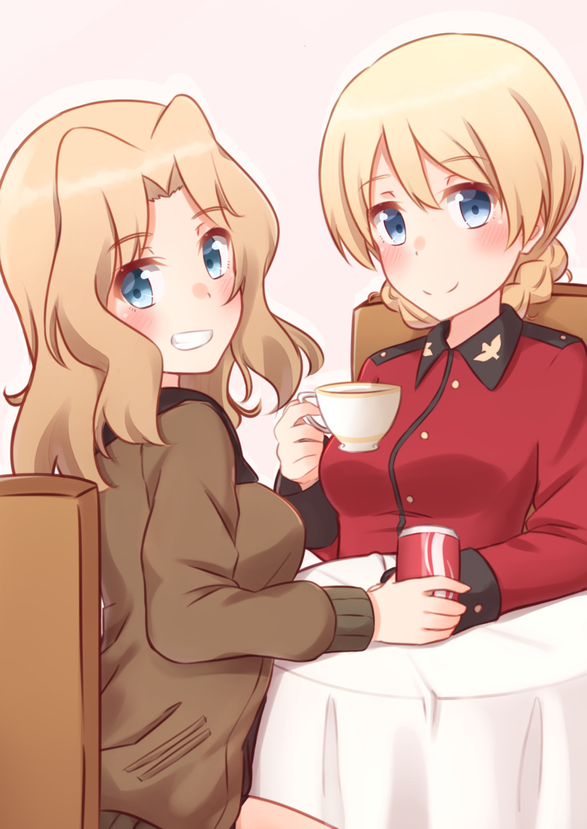 bangs blonde_hair blue_eyes braid brown_jacket can chair closed_mouth coca-cola cup darjeeling epaulettes girls_und_panzer grin hair_intakes highres holding jacket kapatarou kay_(girls_und_panzer) long_hair long_sleeves looking_at_viewer looking_back military military_uniform open_clothes open_jacket red_jacket saunders_military_uniform short_hair sitting smile soda_can st._gloriana's_military_uniform table teacup tied_hair twin_braids uniform