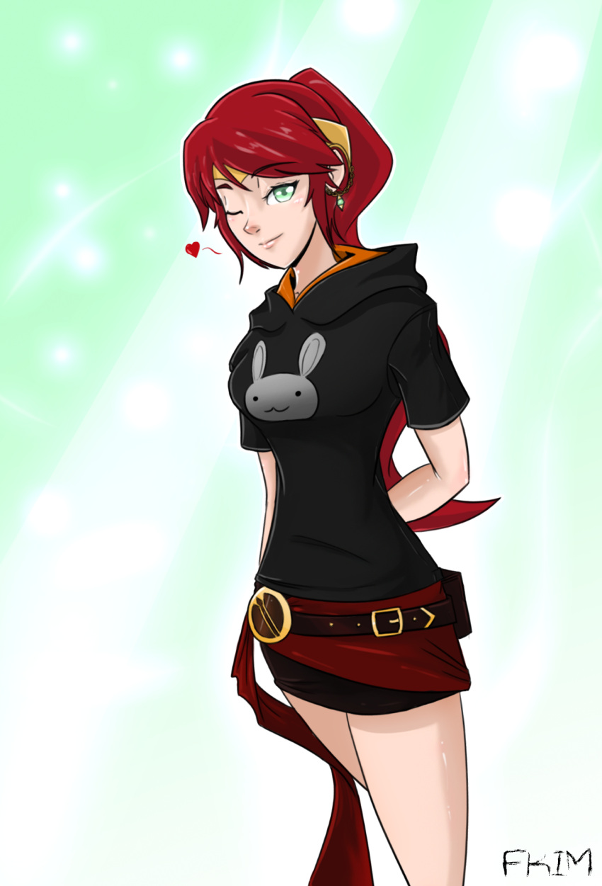 1girl highres hood hoodie looking_at_viewer one_eye_closed ponytail pyrrha_nikos redhead rwby smile solo tiara