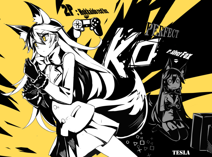 2girls animal_ears blazer bow bowtie character_name circle closed_mouth directional_arrow english ezo_red_fox_(kemono_friends) fox_ears fox_tail fur_trim gloves hair_between_eyes highres holding jacket kemono_friends long_hair long_sleeves looking_away monochrome multiple_girls necktie number o_o pantyhose parted_lips playstation_controller qihai_lunpo seiza silver_fox_(kemono_friends) sitting skirt spot_color square tail tears television triangle very_long_hair yellow_eyes