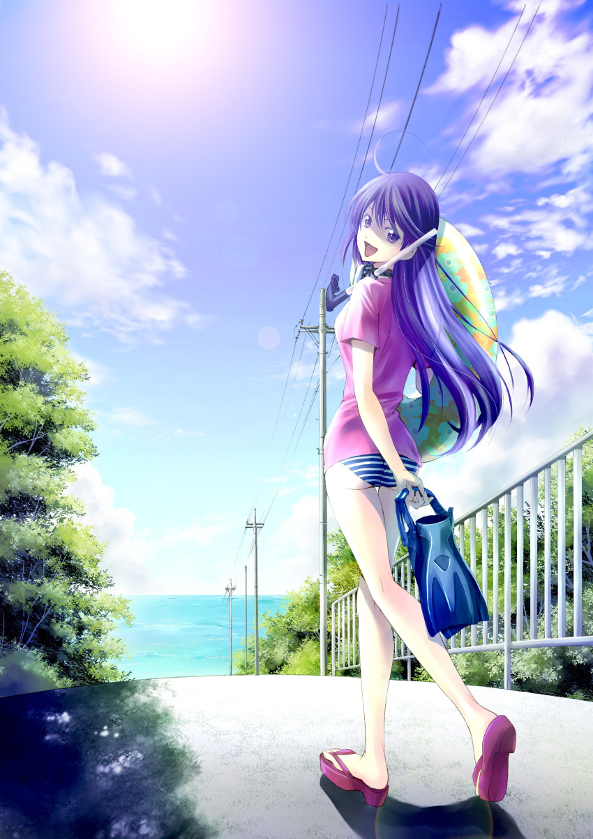 1girl :d absurdres clouds cloudy_sky day eba_yuzuki floating_hair from_behind full_body highres innertube kimi_no_iru_machi lens_flare long_hair long_legs looking_at_viewer looking_back ocean open_mouth outdoors pink_shirt purple_hair seo_kouji shirt short_sleeves sky smile solo standing striped_bikini_bottom sun very_long_hair violet_eyes