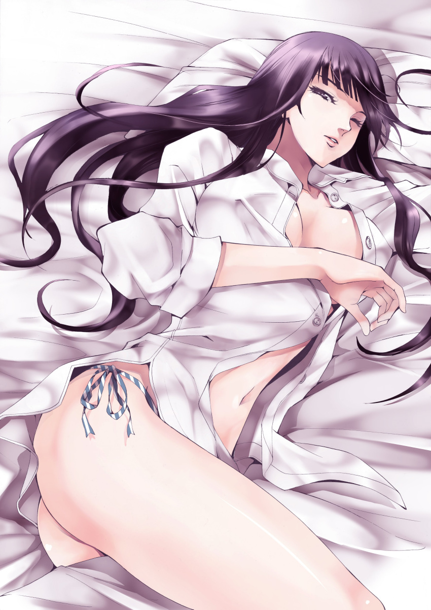 1girl absurdres ass bed_sheet black_eyes black_hair breasts cleavage collarbone dress_shirt erect_nipples from_above fuuka highres huge_breasts iwami_sara long_hair looking_at_viewer lying on_side one_eye_closed open_clothes open_shirt panties parted_lips pillow seo_kouji shiny shiny_skin shirt side-tie_panties solo striped striped_panties underwear very_long_hair white_shirt