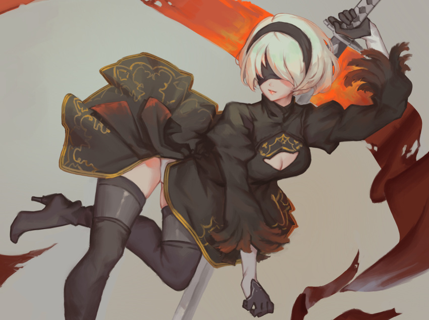 1girl black_blindfold black_boots black_dress black_gloves black_hairband black_legwear blindfold boots breasts cleavage_cutout covered_eyes dress facing_viewer feather-trimmed_sleeves gloves hairband holding holding_sword holding_weapon juliet_sleeves leotard long_sleeves medium_breasts nier_(series) nier_automata puffy_sleeves saimon_ma sheath sheathed short_hair solo sword thigh-highs thigh_boots thighhighs_under_boots vambraces weapon white_hair white_leotard yorha_no._2_type_b